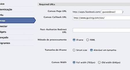 Facebook - Editar application canvas