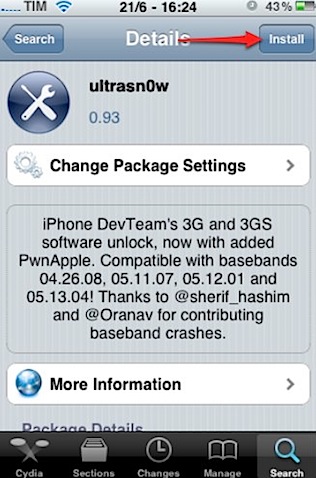 iphone cydia ultrasn0w install